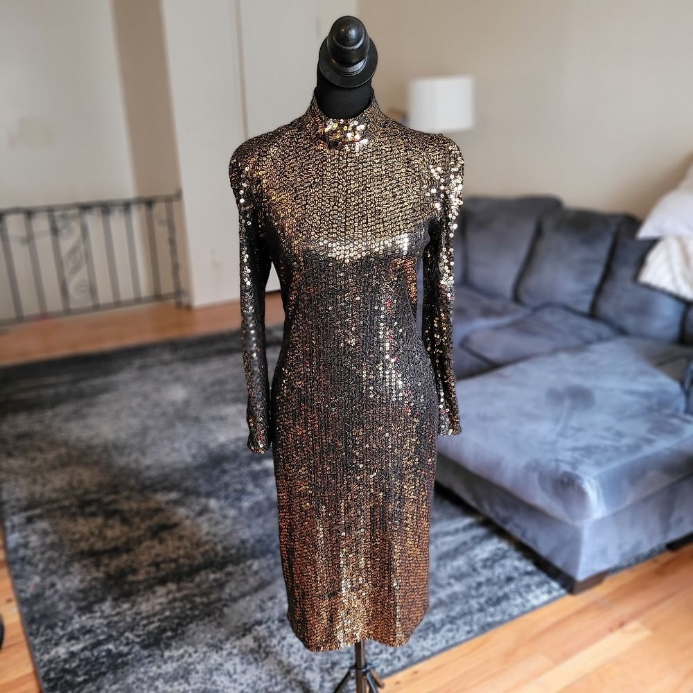 Vintage Sequin Long Sleeve Midi Dress - Gold - Size 8
